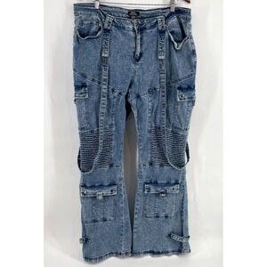 Social Collision Jeans‎ Women Sz 20 Acid Wash Moto Suspender Flare Low Rise 38"W